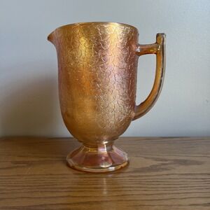 Vintage Jeannette Iridescent Crackle‎ Marigold Carnival Glass Pitcher 8"